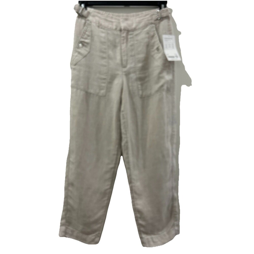 Athleta Voyager Womens Size 4 Pants 100% Linen Beige Adjustable Waist Buckle NWT